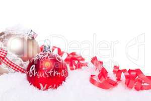 christmas decoration festive red bauble in snow isolated