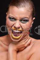 attractive young woman scream out loud with yellow lipstick