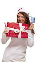 Woman holding a Christmas gift and bank card