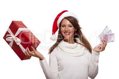 Young woman with an Xmas gift and money