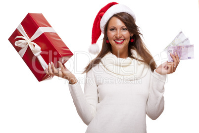Young woman with an Xmas gift and money