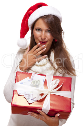 Young woman with an Xmas gift and money