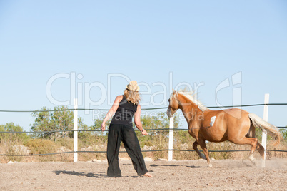 young woman training horse outside in summer