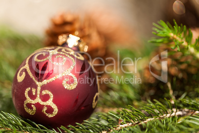 Red Christmas balls with pine cones