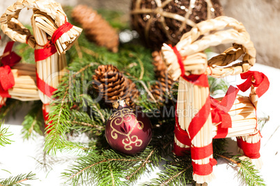 Red Christmas balls with pine cones