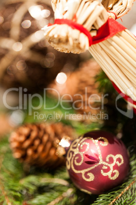 Red Christmas balls with pine cones