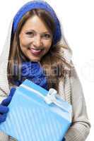 Young woman holding a blue gift