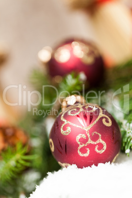 Christmas background with baubles and craft