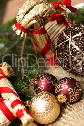 Christmas background with baubles and craft