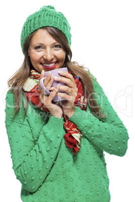 Pretty Woman in Winter Fashion Drinking Coffee