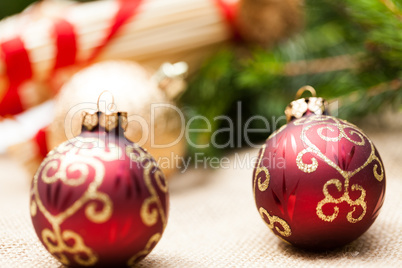 Christmas background with baubles and craft