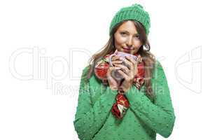 Pretty Woman in Winter Fashion Drinking Coffee