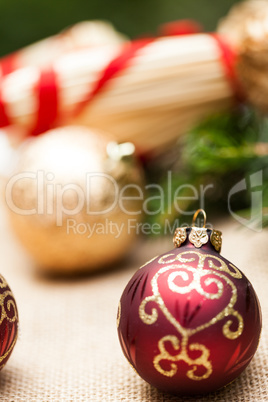 Christmas background with baubles and craft
