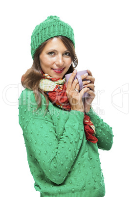 Pretty Woman in Winter Fashion Drinking Coffee