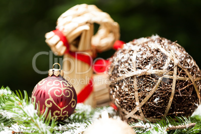 Christmas background with baubles and craft