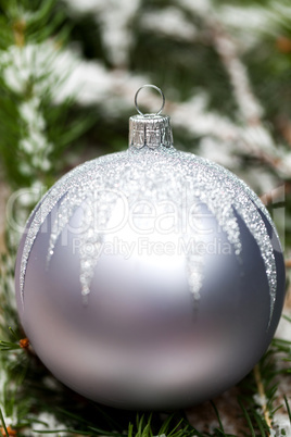 Silver Christmas ornaments in leaves