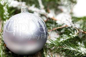 Silver Christmas ornaments in leaves