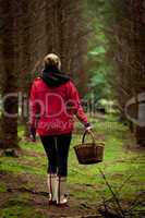 young woman collecting mushrooms in forest