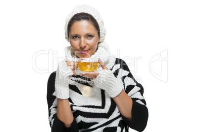 Elegant woman in a black and white winter outfit