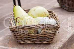 Fresh ripe pears in a wicker basket