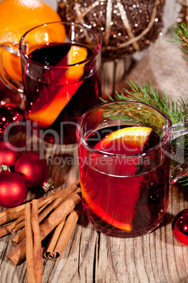 hot tasty spicy mulled red wine with orange and cinnamon christmas