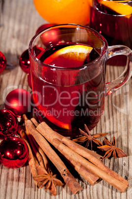 hot tasty spicy mulled red wine with orange and cinnamon christmas