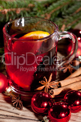 hot tasty spicy mulled red wine with orange and cinnamon christmas