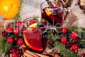 hot tasty spicy mulled red wine with orange and cinnamon christmas
