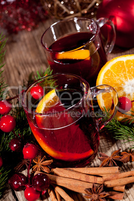 hot tasty spicy mulled red wine with orange and cinnamon christmas