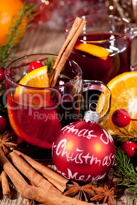 hot tasty spicy mulled red wine with orange and cinnamon christmas