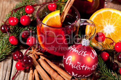 hot tasty spicy mulled red wine with orange and cinnamon christmas