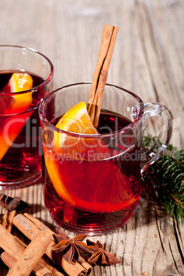 hot tasty spicy mulled red wine with orange and cinnamon christmas