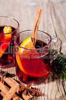 hot tasty spicy mulled red wine with orange and cinnamon christmas