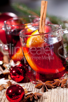 hot tasty spicy mulled red wine with orange and cinnamon christmas