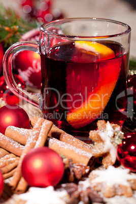 hot tasty spicy mulled red wine with orange and cinnamon christmas