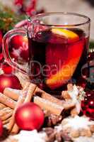 hot tasty spicy mulled red wine with orange and cinnamon christmas