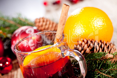 hot tasty spicy mulled red wine with orange and cinnamon christmas