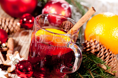 hot tasty spicy mulled red wine with orange and cinnamon christmas