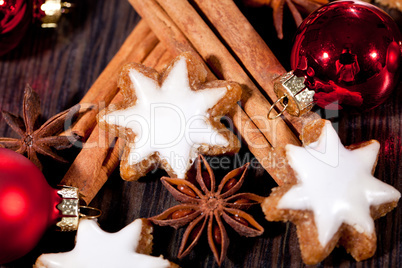 fresh tasty christmas cinnamon cookies and sticks decoration