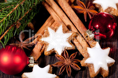 fresh tasty christmas cinnamon cookies and sticks decoration