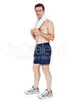 smiling mature sporty man with towel fittness sport health isolated