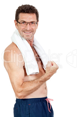 smiling mature sporty man with towel fittness sport health isolated