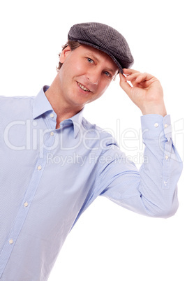 smiling man in casual business outfit and hat isolated