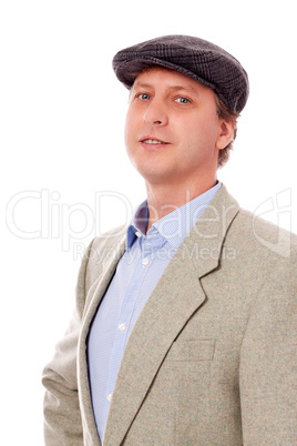 smiling man in casual business outfit and hat isolated