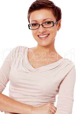 young smiling woman with glasses and short haircut