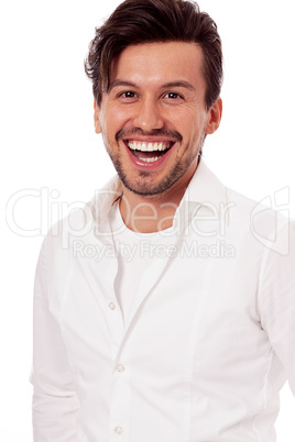 young man laughing at camera isolated