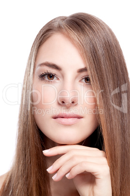 beautiful bruntte woman with straight long hair isolated