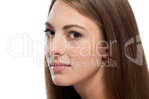 beautiful bruntte woman with straight long hair isolated