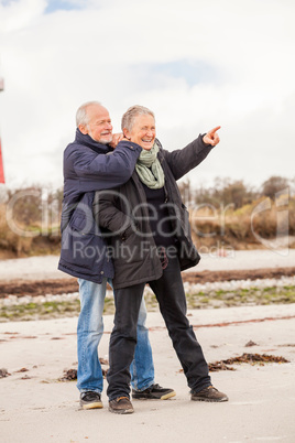 happy elderly senior couple walking on beach