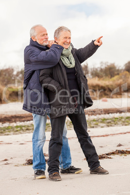 happy elderly senior couple walking on beach